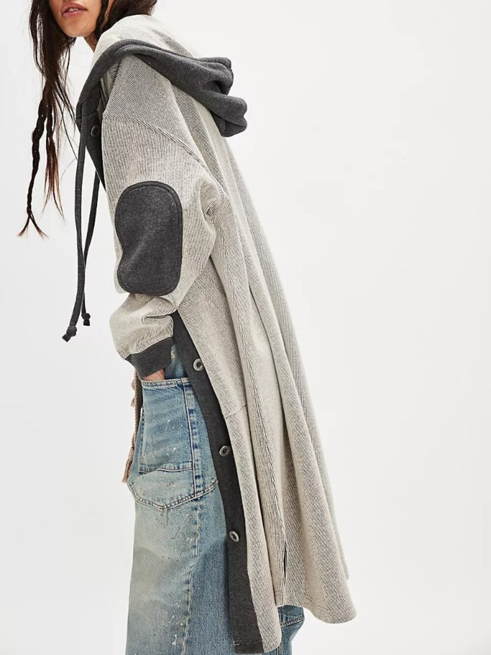 Free People Tomorrows Sweatshirt Cardigan, Dark Heather Grey Combo L